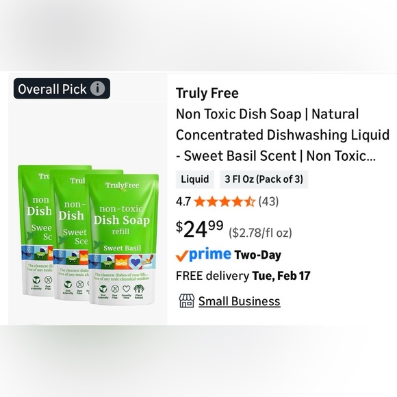 NWT: TrulyFree Sweet Basil non toxic Dish Soap Refill set of 3 - Picture 2 of 2